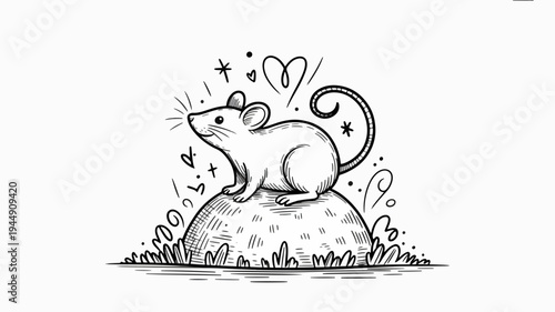 A whimsical mouse stands on a hill with hearts and stars surrounded by grass and a magical aura conveying joy and wonder