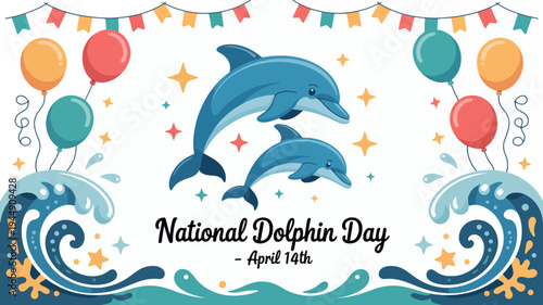 Dolphins swimming together celebrating national dolphin day with colorful balloons and festive decorations