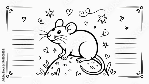 Whimsical mouse illustration with stars hearts and flowers for coloring book kids' activity sheet or educational material