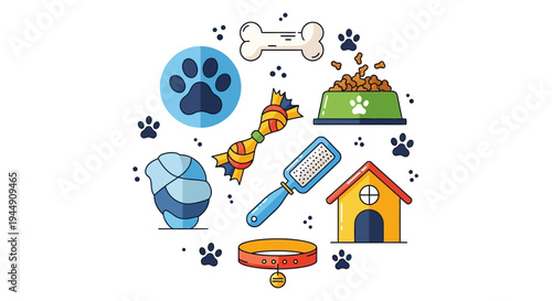 Pet Care Icons Circle Composition with Paw Bone Food Bowl Toy – Flat Vector Illustration