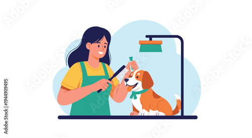 Pet Grooming Scene with Owner Brushing Dog – Animal Care Flat Vector Illustration