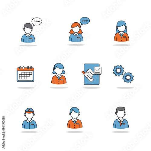 Set of diverse business people and office related icons.