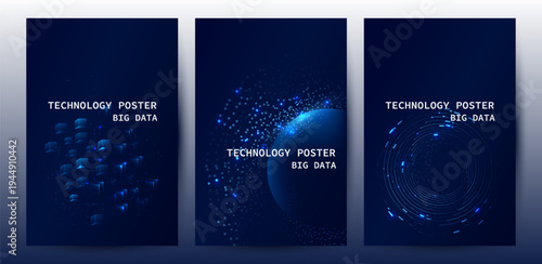 Big data technology poster set with Blue wave particle glowing and data visualization