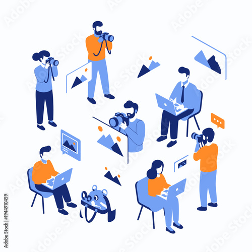 Photographers and editors working with cameras and laptops in a creative studio.