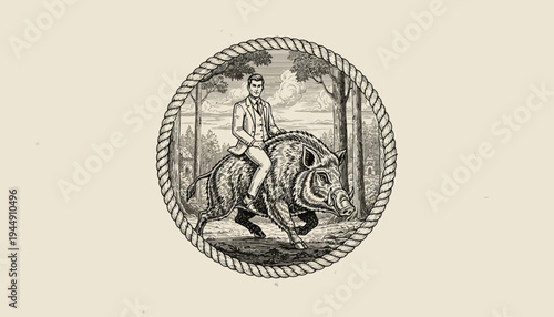 Vintage Engraving of Man Riding a Boar in a Forest Medallion.