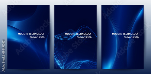 Abstract Blue Curve Technology Poster and Cover Template Set with Glowing Lines