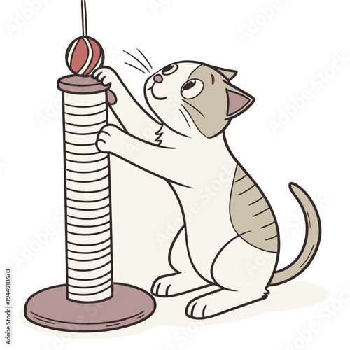 Cat playing with scratching post and ball white