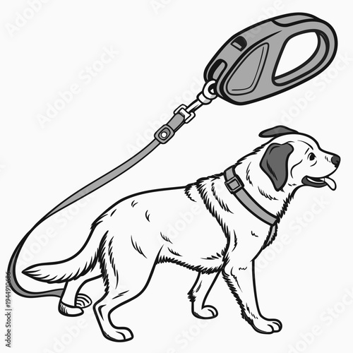 Black and white dog on a leash with collar isolated