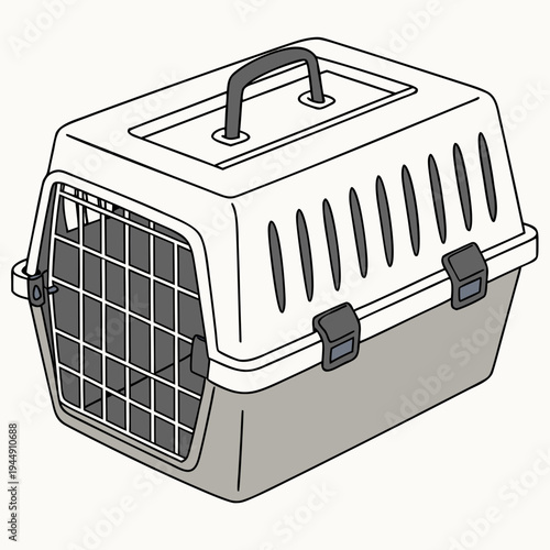 Pet carrier with gray and white color and closed cage door pet cage animal transport travel crate