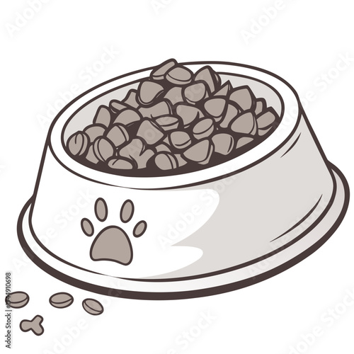 Dog food bowl with paw print and kibble pet food