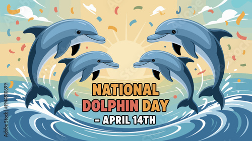 Dolphins jumping out of ocean waves on national dolphin day april 14th celebration background with confetti