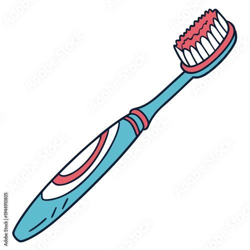 Blue toothbrush with red and white bristles