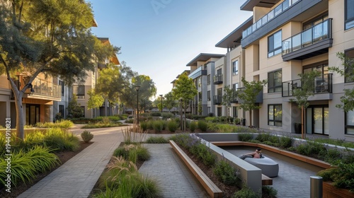Luxury multifamily apartment complex courtyard