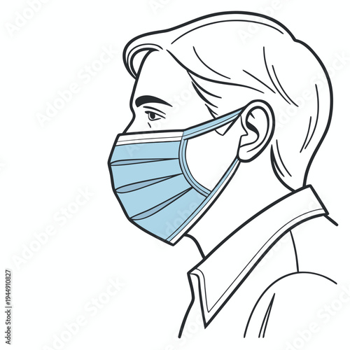 Man wearing blue surgical face mask surgical mask blue mask line white background