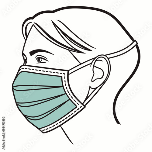 Woman wearing green surgical face mask white background isolated
