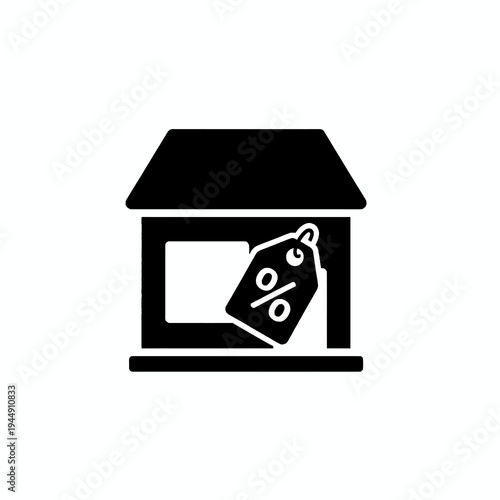 Black silhouette of a store or shop with a discount tag showing a percentage sign inside the window