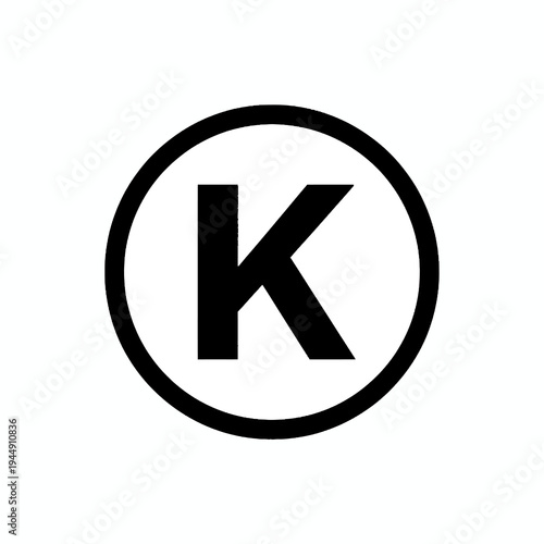 Kosher symbol icon, a circle with a black letter K inside, representing kashrut dietary laws for Jewish food
