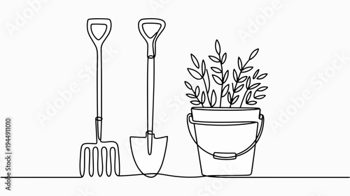 Gardening tools and potted plant on a shelf simple line drawing minimalistic style gardening concept