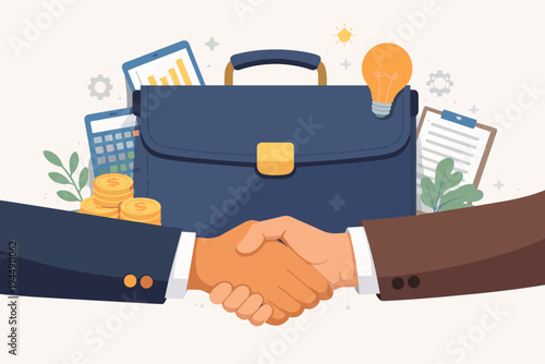 Business handshake concept with professional partners shaking hands over a briefcase background featuring financial icons like coins, calculator, lightbulb idea, and growth charts for success.