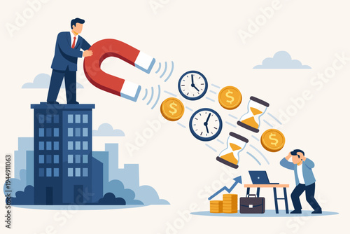 Big Business Executive Using Giant Magnet to Attract Time and Money from Small Entrepreneur at Desk, Concept of Corporate Competition, Resource Drain, and Economic Inequality, Flat Vector Art