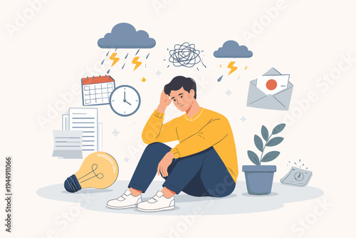 Stressed Man Overwhelmed by Life and Work Problems Sitting on Floor with Storm Clouds, Clock, and Calendar Symbols, Concept of Burnout, Anxiety, and Mental Health Flat Vector Illustration.