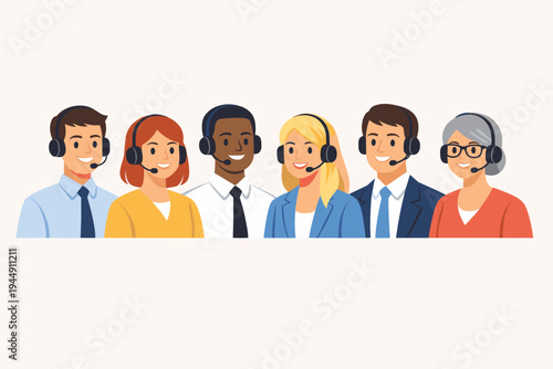 Diverse Group of Office Employees, Men and Women Wearing Headsets for Customer Service and Support, Professional Team of Call Center Agents in a Simple Flat Vector Illustration Style.