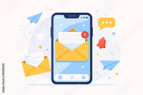 Flat vector illustration of a smartphone with an open email envelope and notification badge. Modern mobile communication concept with paper planes, bell icon, and chat bubble on blue background.