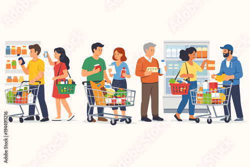 Flat vector illustration of diverse people, men and women, shopping at a supermarket, buying groceries and food products with shopping carts and baskets in a modern retail store environment.