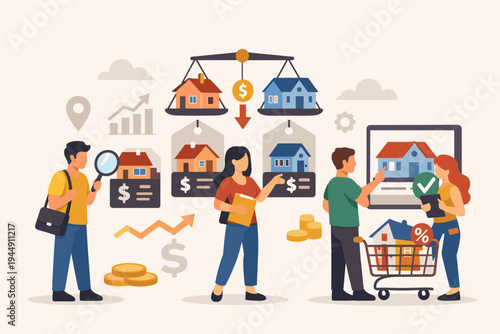 Flat Vector Illustration of People Shopping for Best Real Estate Deals, Comparing House Prices on Scales, Using Magnifying Glass and Shopping Cart for Property Investment and Home Buying.