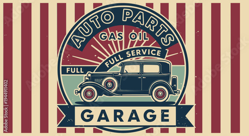Vintage car service and gas station sign. Gas station for car, grunge banner illustration. EPS version.