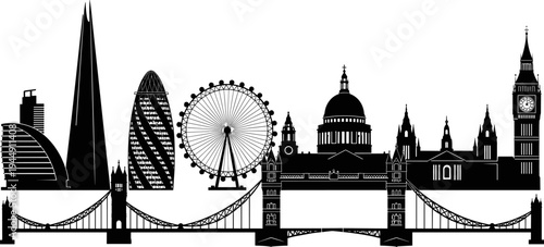 London skyline silhouette vector illustration, famous city landmarks panorama, Tower Bridge Big Ben London Eye travel architecture cityscape