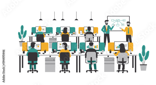 Office Workers at Desks with Computers.