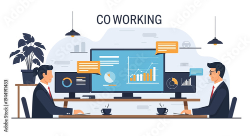 Coworking Professionals Using Computers and Data Analysis.