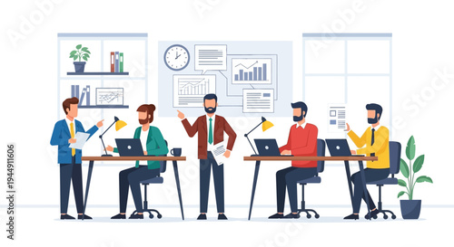 Office Workers Using Laptops and Discussing.