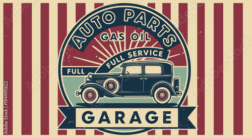 Vintage car service and gas station sign. Gas station for car, grunge banner illustration. SVG version.