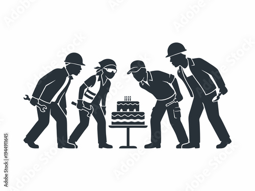 Silhouetted group of diverse industrial workers celebrating with a cake, Labor Day concept