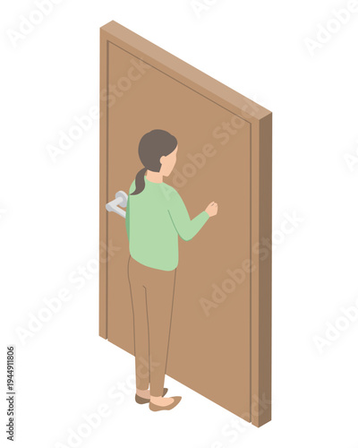 ドアをノックする女性・アイソメトリック