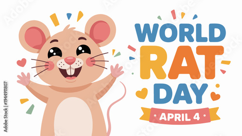Happy cartoon rat celebrating world rat day on april 4th with colorful confetti