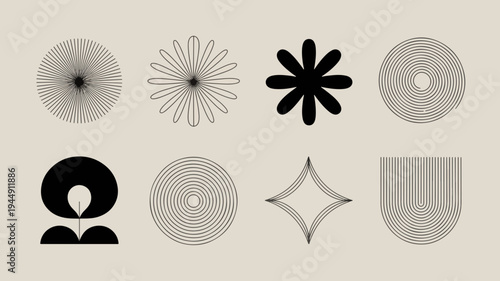 Geometric shapes with intricate line patterns and solid black forms on a beige background