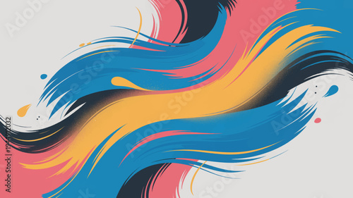 Vibrant abstract wave design with blue yellow pink and black brush strokes on gray background creating dynamic motion