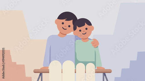 Two happy boys standing together with arms around each other in a colorful background