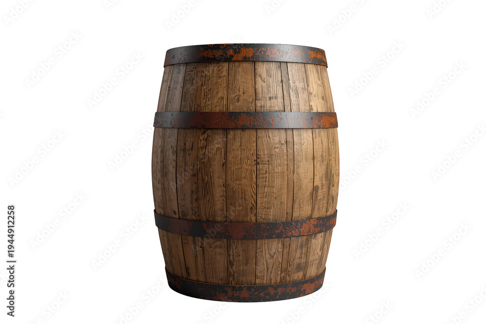 Fototapeta premium Wooden barrel with rusty metal hoops storing aged wine, whiskey, or rum, isolated on transparent background