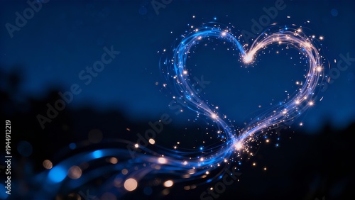 Glowing Sparkling Heart Shape With Light Trails On Dark Blue Night Sky Background For Valentines Day Wedding And Anniversary Love