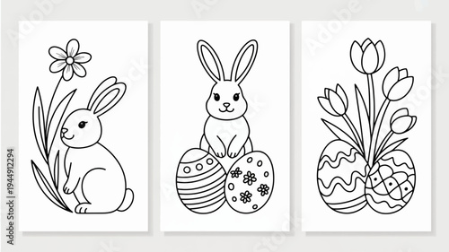 Easter bunny illustrations with eggs and spring flowers coloring pages black and white
