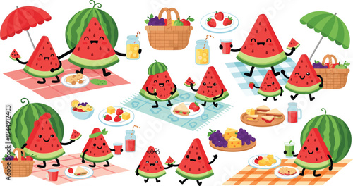 Cute Watermelon Family Picnic Character Collection with Picnic Blankets Fruit Baskets Lemonade and Happy Cartoon Watermelon Slices for Summer Outdoor Vector Designs