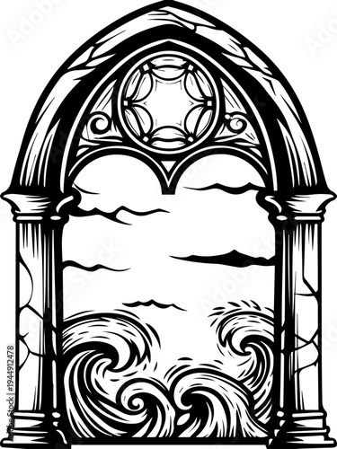 SVG dark Leviathan among graves and temples tattoo design vector.  Decorative Gothic Arch with Waves and Sky in Black and White Design