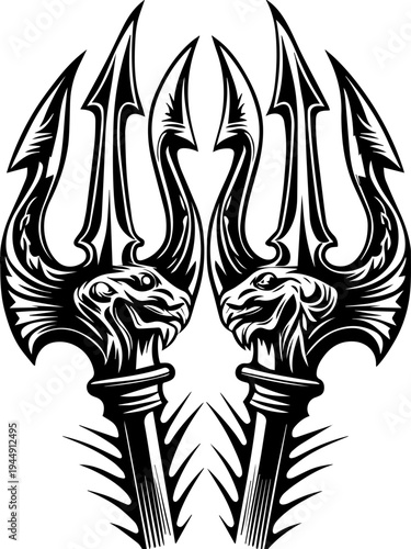SVG dark Leviathan among graves and temples tattoo design vector.  Intricate Black and White Illustration of Dual Tridents with Lion Heads