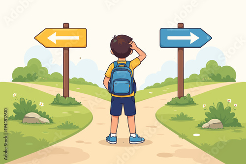 Vector illustration of a young boy with a backpack standing at a crossroads, scratching his head in confusion while deciding which path to take between two directional signs in a park landscape.