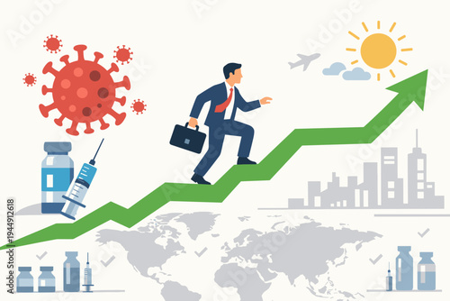 Business man climbing up green arrow of economic recovery and financial growth after coronavirus pandemic with vaccine vials, syringe, world map, city skyline, sun and airplane background.
