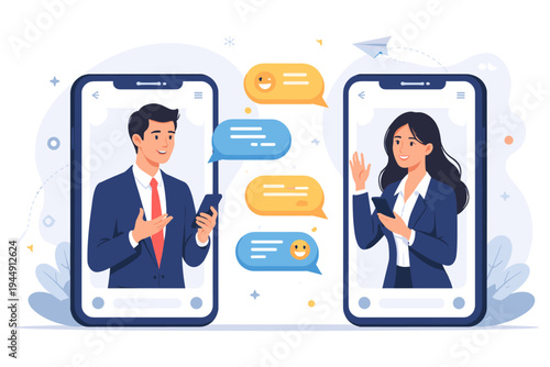 Flat Vector Illustration of a Businessman and Businesswoman Communicating via Mobile App, Online Chatting on Smartphone Screens with Speech Bubbles, Digital Networking and Remote Work Concept.